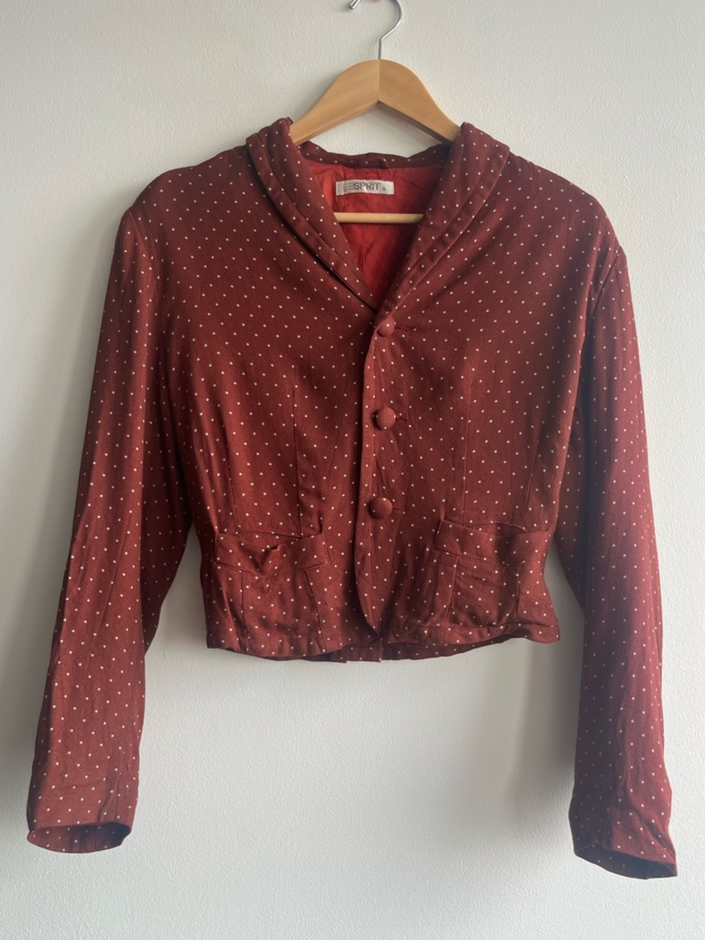 Vintage Esprit Polka Dot Burgundy Cropped Blazer Women Size S